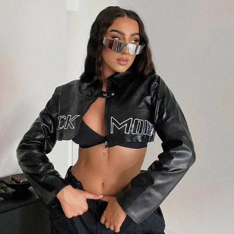 Letter Print Jacket Cut Buckle Zipper Stitching Crop PU Leather Moto Short Jacket Zipper Coat Autumn Sweatshirt Street Outwear