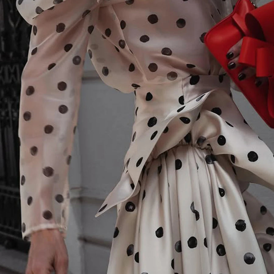 TWOTWINSTYLE Hit Color Sheer Spliced Wave Point Two Piece Sets for Women Round Neck Long Sleeves Top High Waist Skirt Set Female