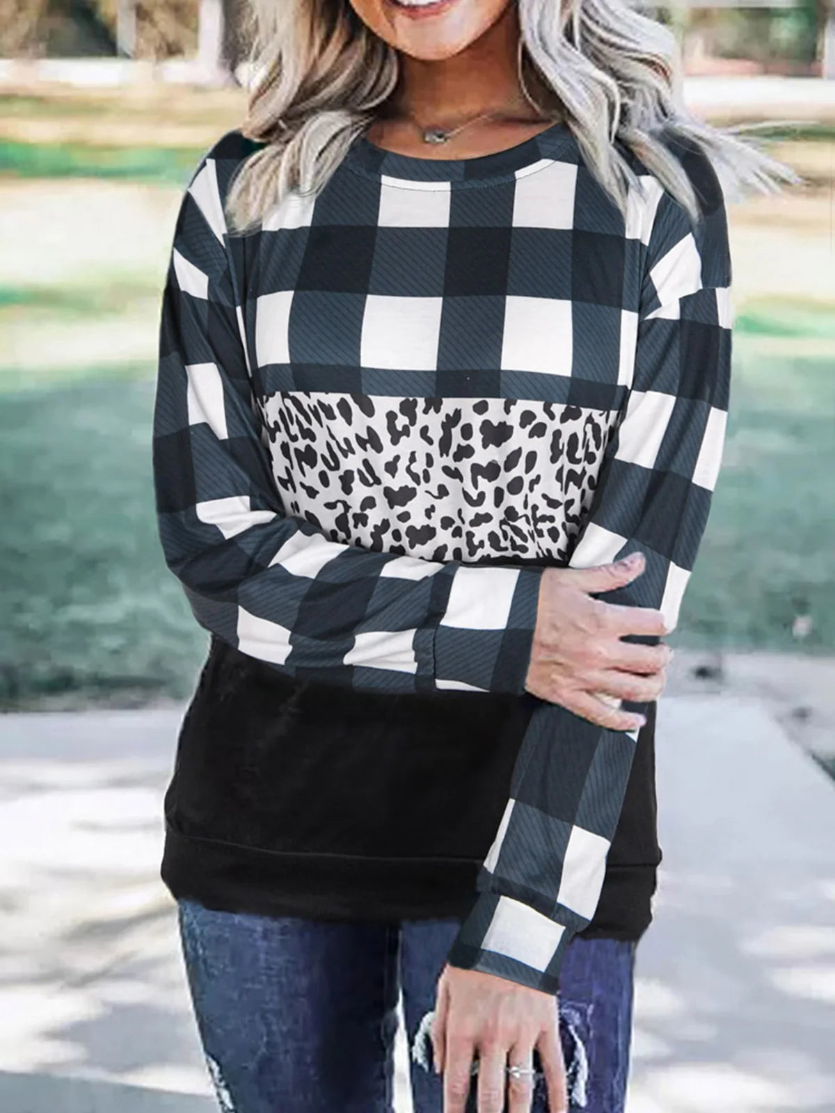 Women's Spring Autumn Style Plaid Leopard Splicing Long Sleeve Blouse Shirt Women O-Neck Elegant Lace Tops Casual Vintage Shirt black