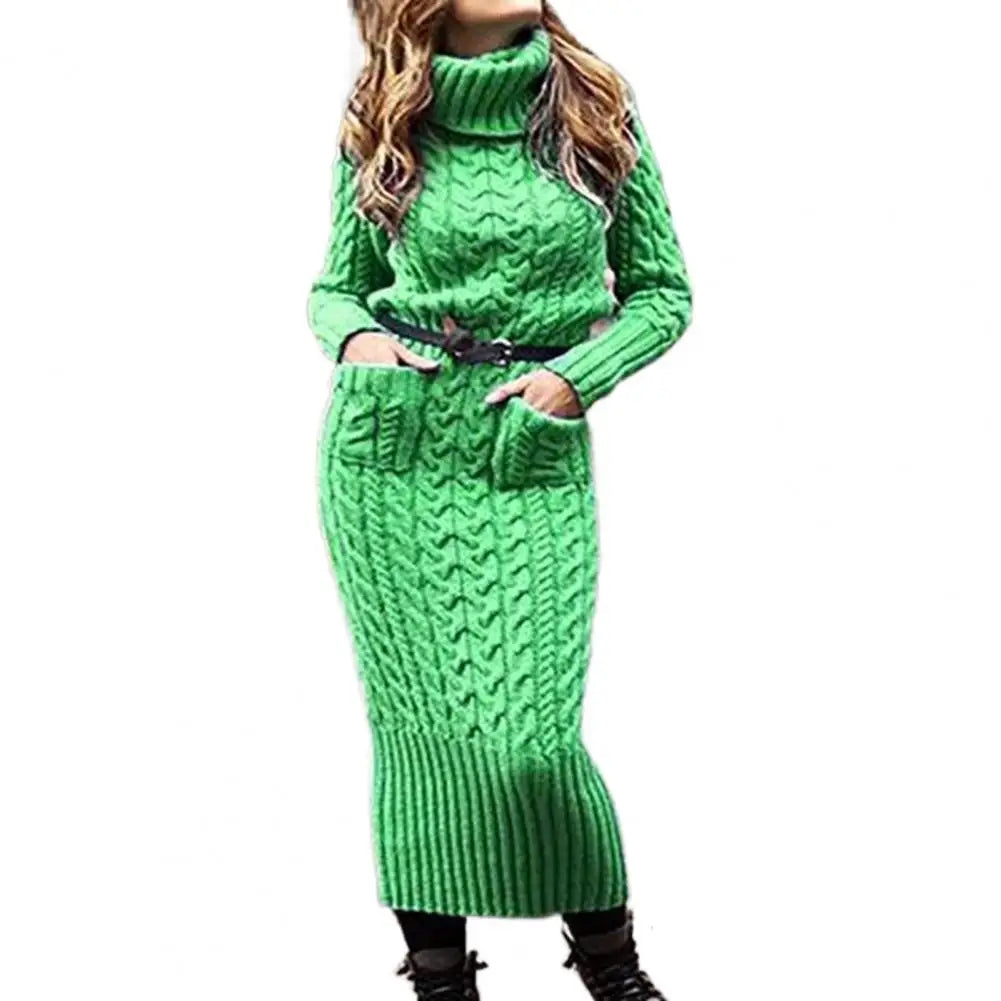 Korean Style Twist Knitted Long Dress Autumn Turtleneck Back Split Pockets Twisted Knit Casual Long Sweater Dress green