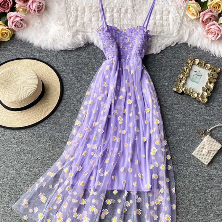Summer Beach Mesh Floral Dress Women Vintage Elegant Sexy Beach Sundress Woman Party Night Korean Kawaii Vestidos Purple One Size