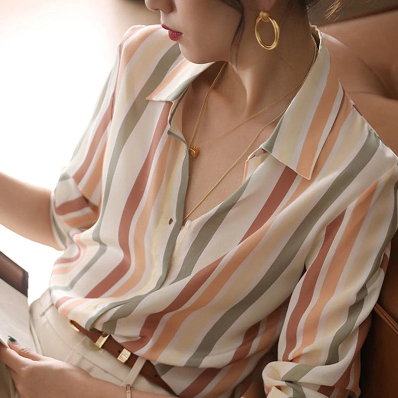 Stripe Women Shirt Satin Vintage Shirt for Women Autumn Clothes Korean Fashion Shirts and Blouses Basic Elegant Womens Tops