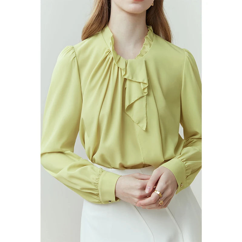 French Long-sleeved Vintage Shirt for Women Spring Summer Niche Style Wood Ear Design Commuter Solid Shirt Office Lady Yellow Green