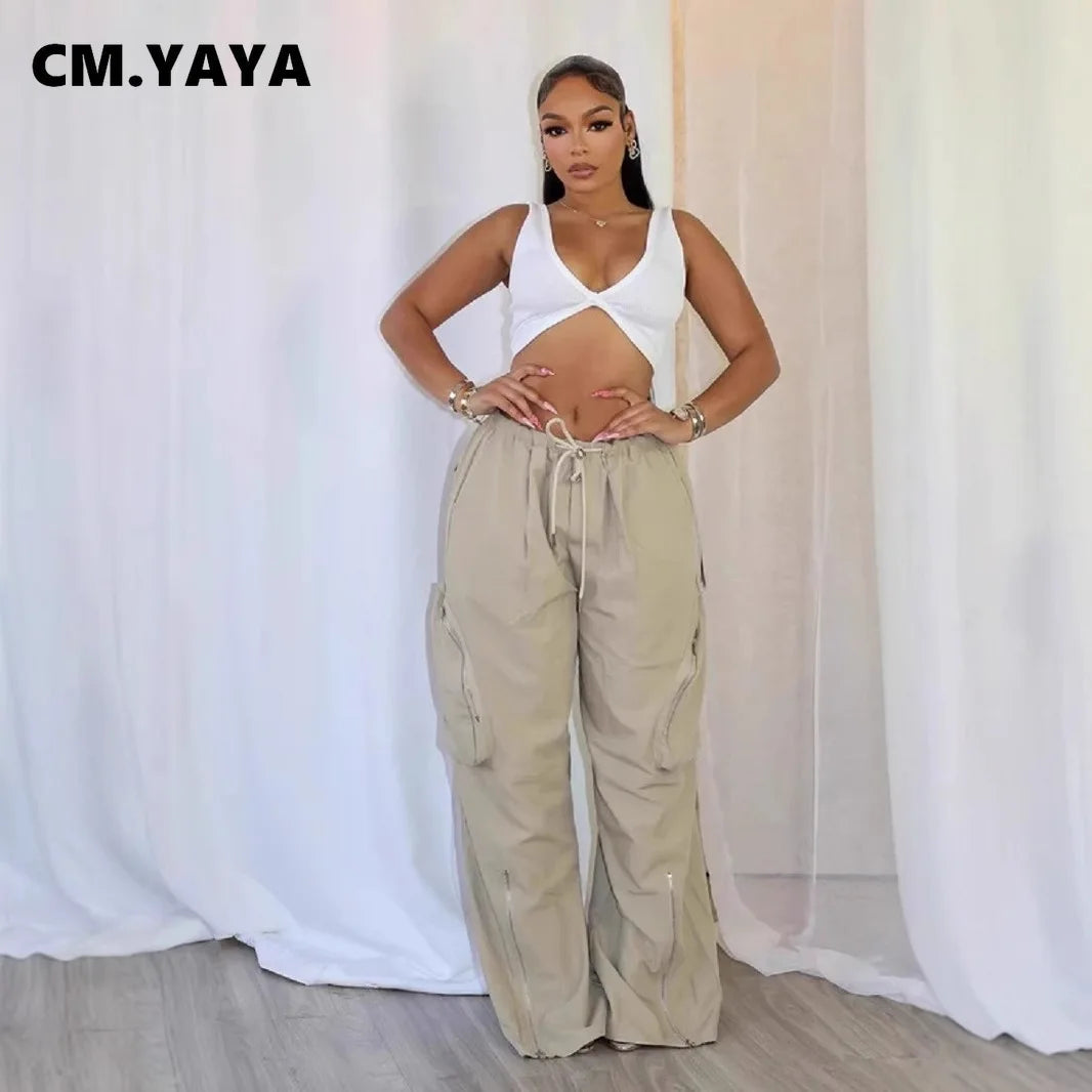 CM.YAYA Women Fashion Zipper Pocket Side Zip Fly Split Hem Wide Leg Safari Style Pants 2025 Drawstring Summer Cargo Trousers