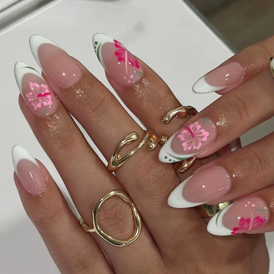 24pcs Finished Fake Nails Set Wearable Pink Long Almond False Nail Watermelon Pattern Design Press on Nails Tips Flower Manicure