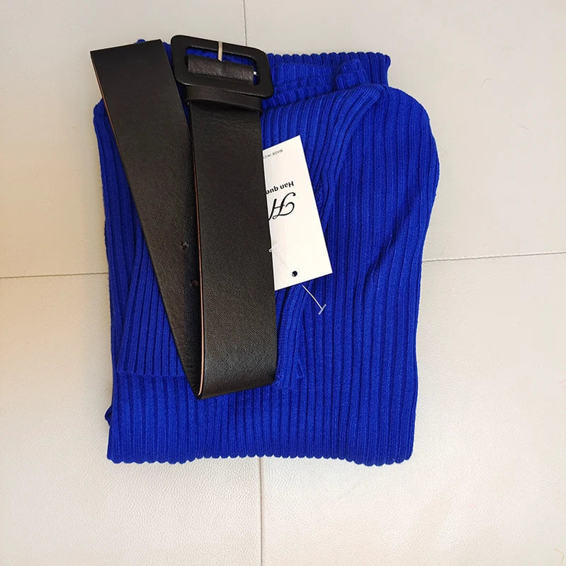 H Han Queen Knitted Turtleneck Sweater Bodycon Dress Bottoming Women Soft Elastic Autumn Winter Midi Party Dresses With Belt Dark Blue One Size