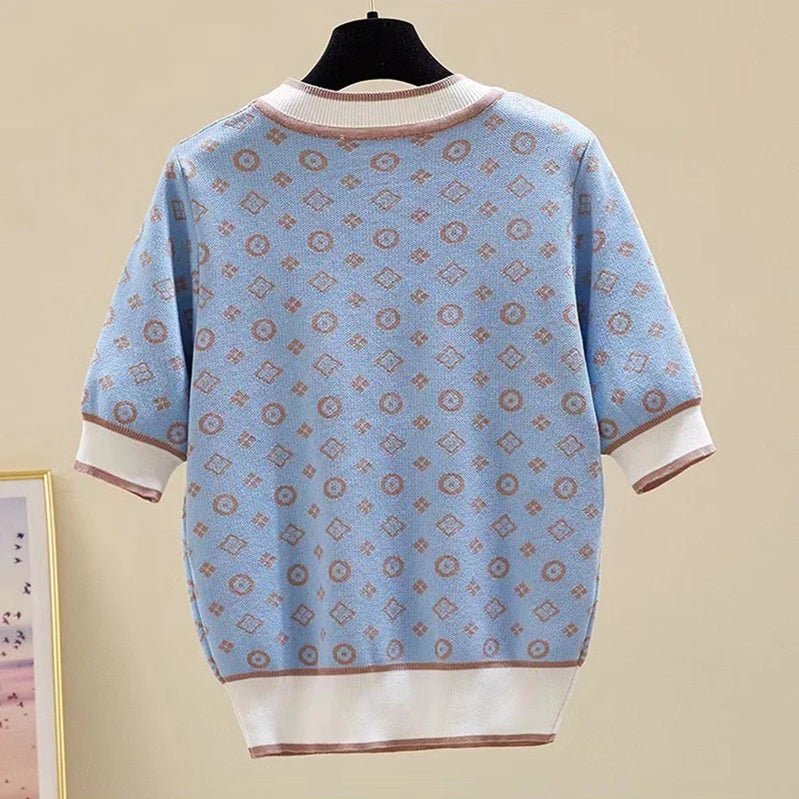 Summer Women Short Sleeve Fashion Knit Glitter Stones Tshirt Femme Vintage Luxury Designer Slim Leisure T-Shirt Tops