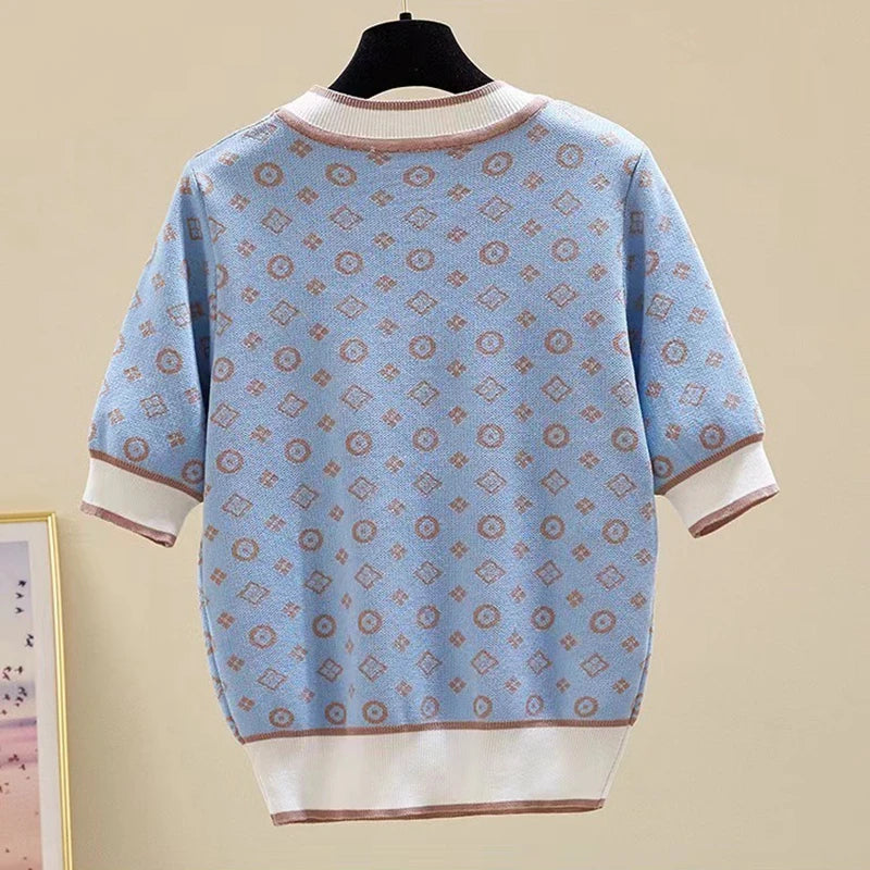 Summer Women Short Sleeve Fashion Knit Glitter Stones Tshirt Femme Vintage Luxury Designer Slim Leisure T-Shirt Tops