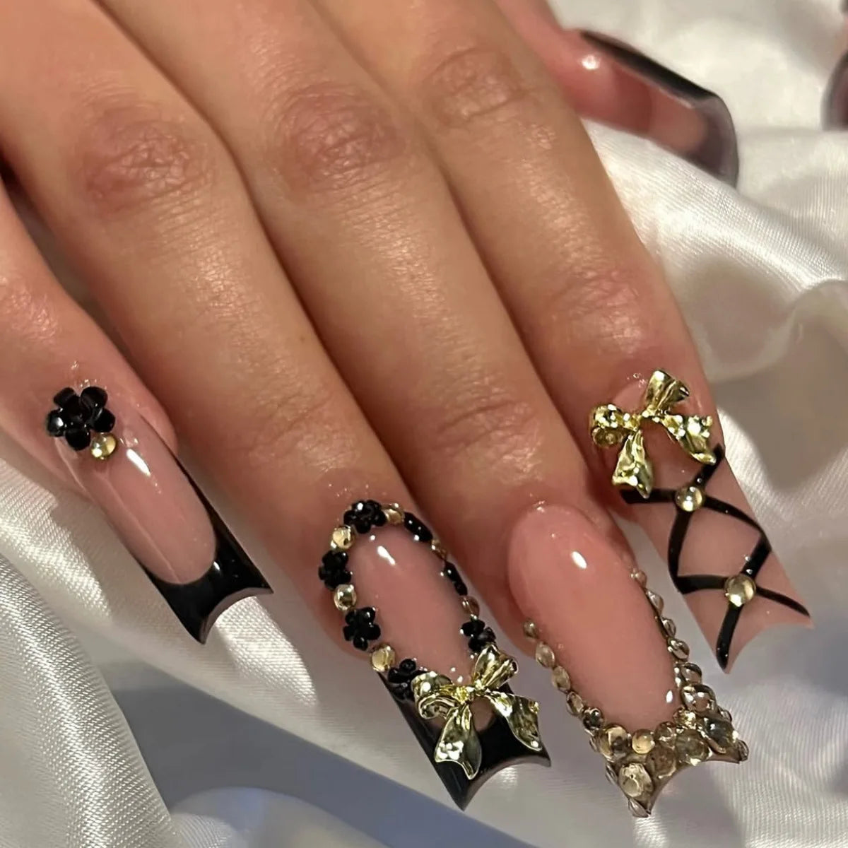 24Pcs Wearable Colorful Butterfly Designs French Press on Nails Long Ballet False Nails with Rhinestone Acrylic Fake Nails Tips