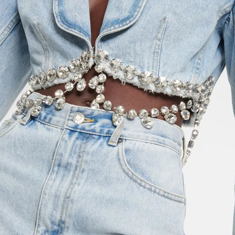 Spliced Diamonds Tassel Denim Two Piece Set For Women Lapel Long Sleeve Coat High Waist Mini Skirt Fashion Set