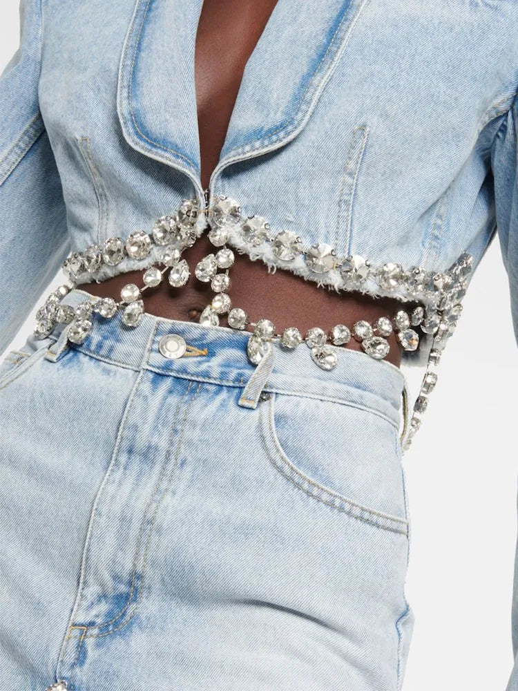 Spliced Diamonds Tassel Denim Two Piece Set For Women Lapel Long Sleeve Coat High Waist Mini Skirt Fashion Set