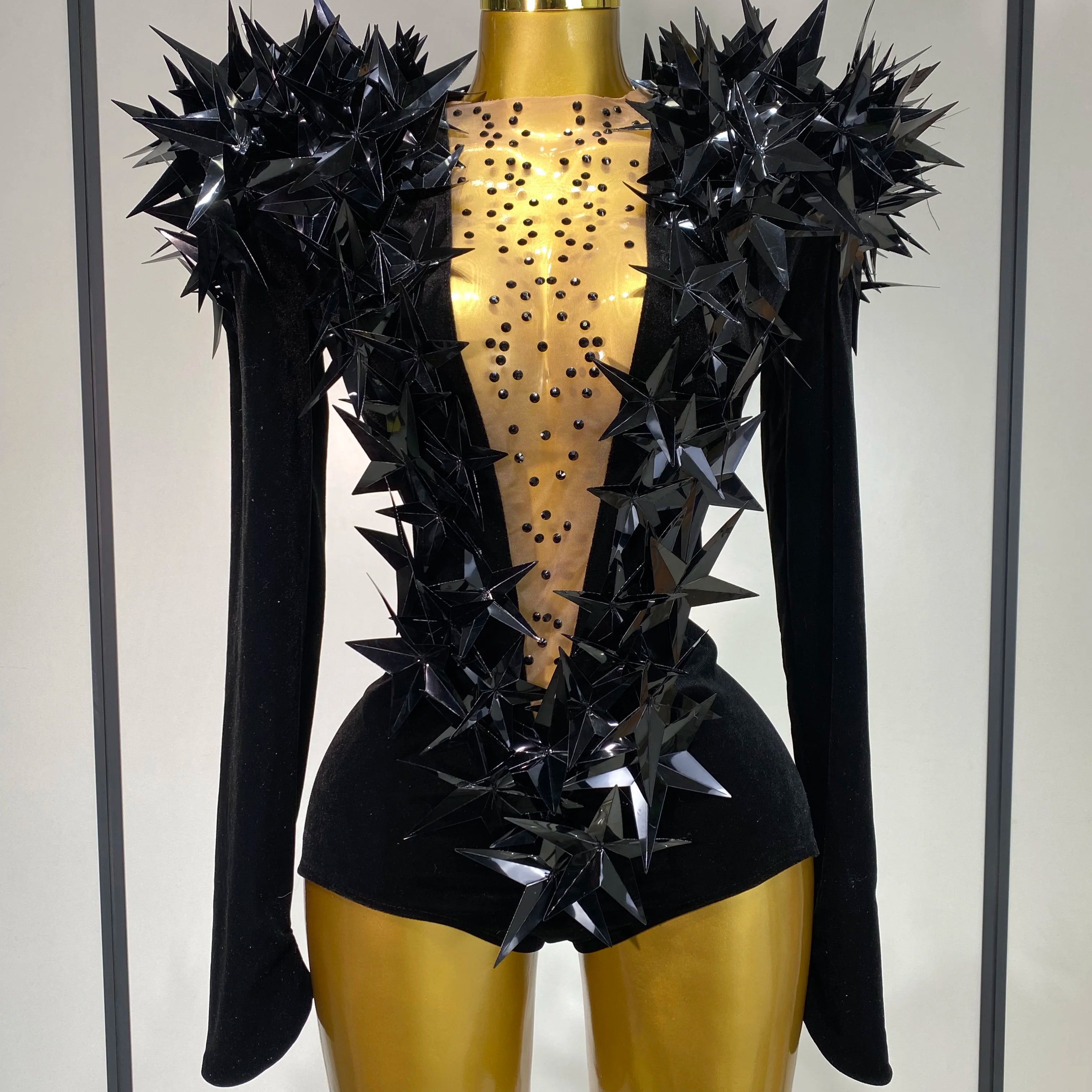 Women Sparkly Gold Rhinestone Black Velvet Long Sleeve Bodysuit Evening Party Club Gala Hosts Night Club Bar Stage Costumes