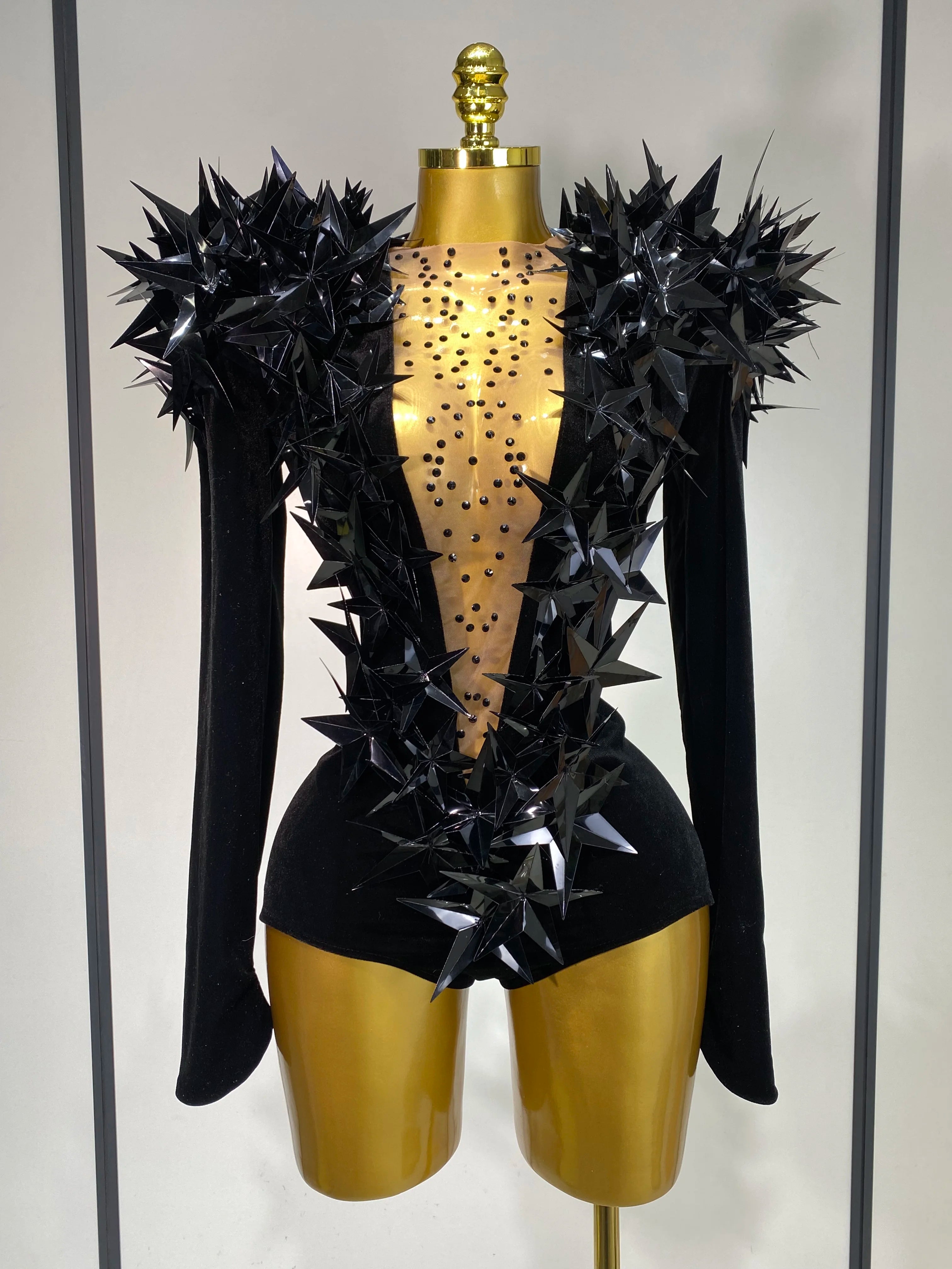 Women Sparkly Gold Rhinestone Black Velvet Long Sleeve Bodysuit Evening Party Club Gala Hosts Night Club Bar Stage Costumes