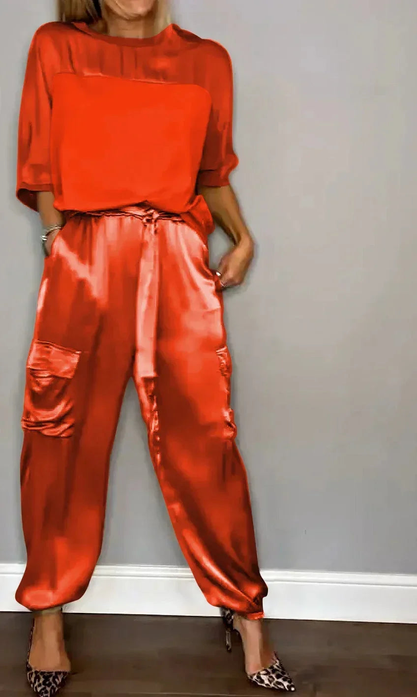 Summer Fashion Solid Satin Two Piece Set Women Round Neck Long Sleeved Top Long Pants Casual Loose Two Piece Set Women Red