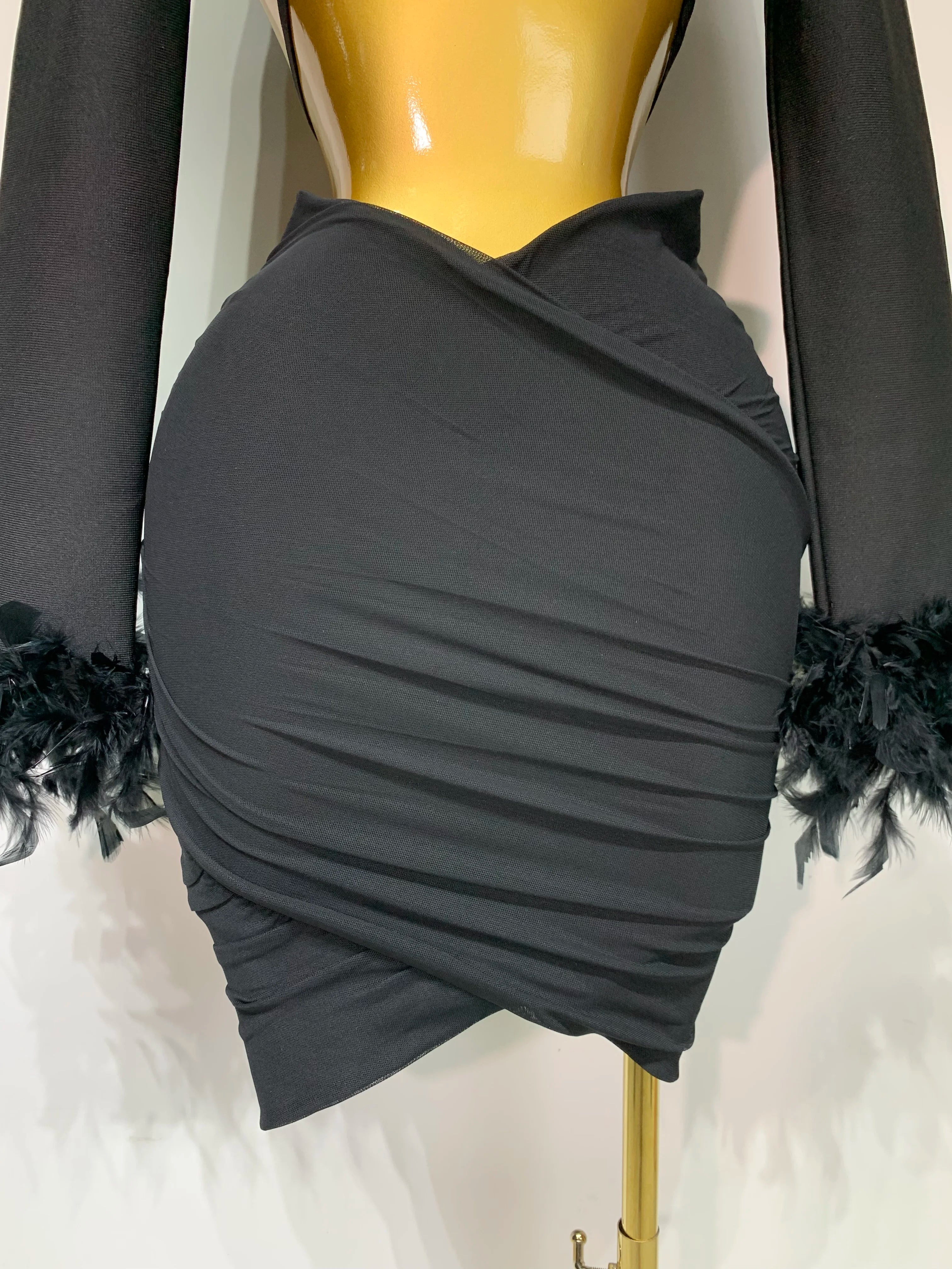 Luxury Birthday Dress Women Sexy Long Sleeve Feather Black Mesh Mini Bodycon Bandage Dress Elegant Evening Club Party Dress 