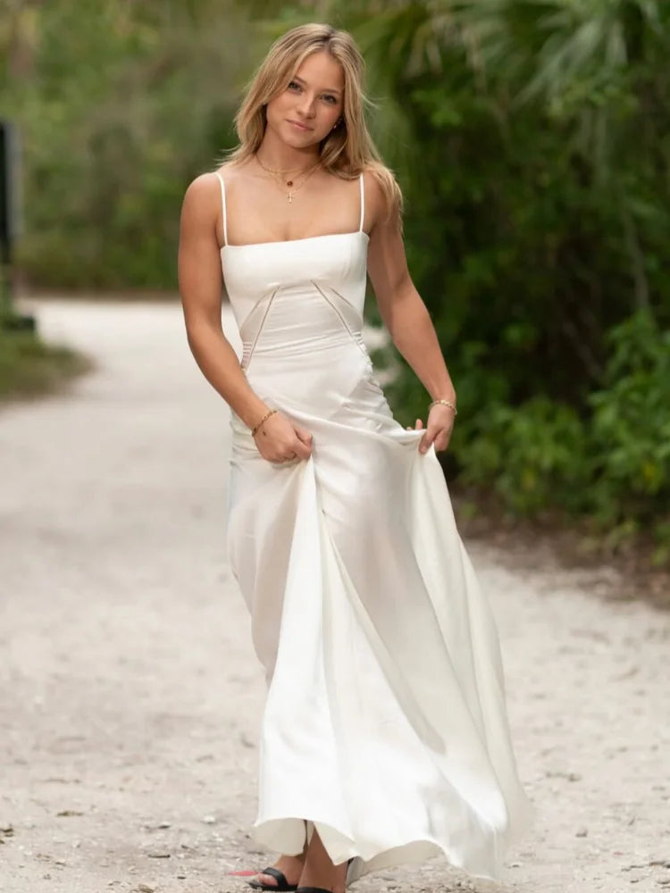 2025 Elegant White O Neck Pleated Hem Maxi Dress Women Fashion Open Back Solid A-line Dresses New Spring Summer Lady Party Robes