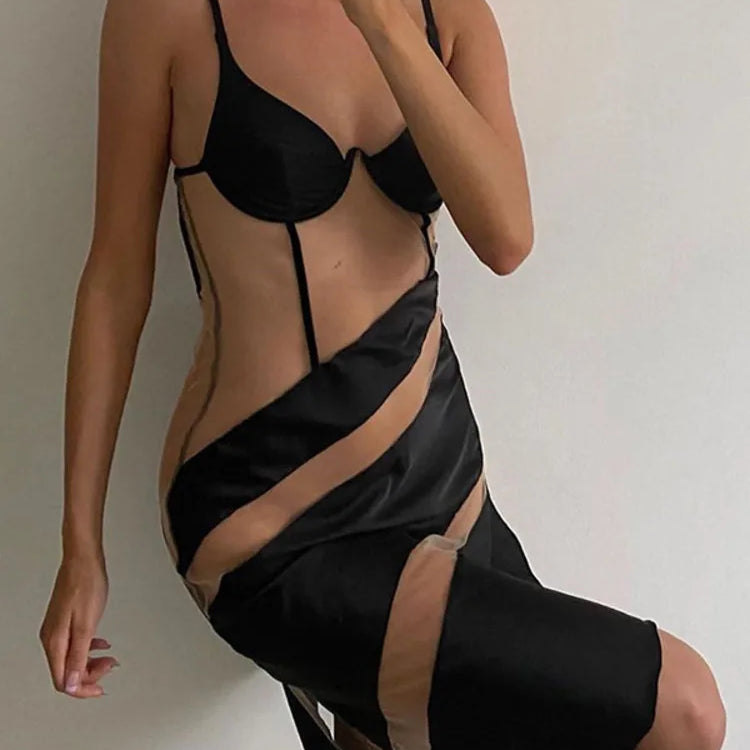Vestido curto sexy transparente com patchwork para mulheres, robe com alças finas, sem mangas, costas nuas, justo, vestido de festa