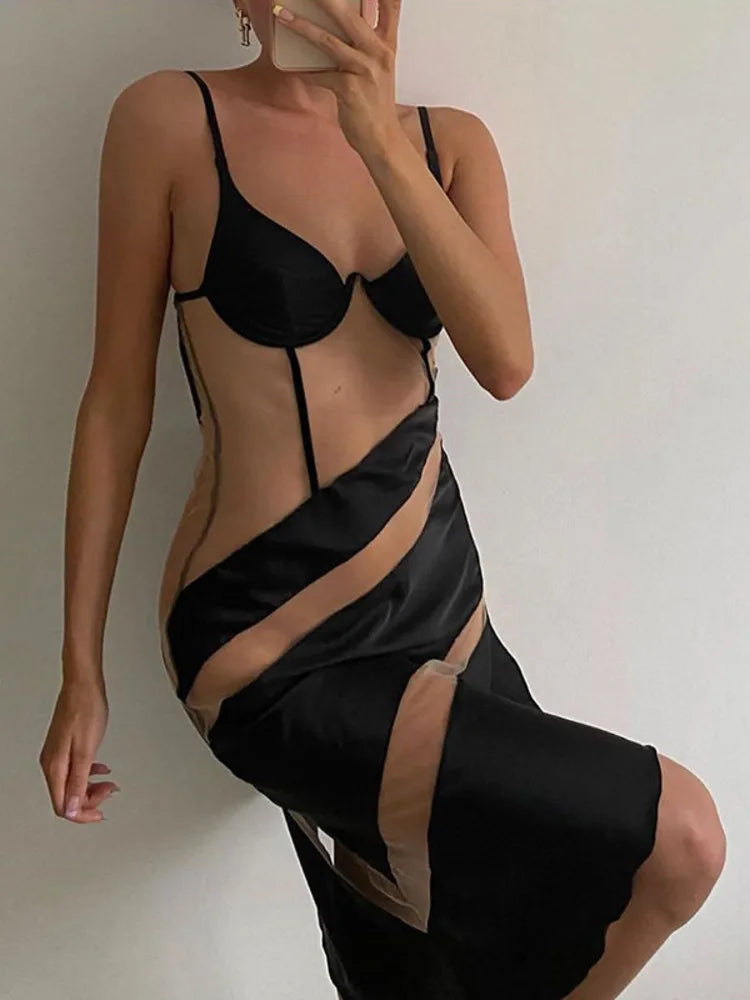 Patchwork See Through Sexy Mini Dress For Women Robe Spaghetti Strap Sleeveless Backless Bodycon Party Dress Vestido