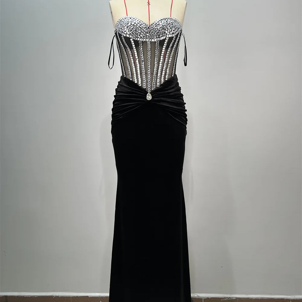 New Luxury Diamonds Sexy Mesh See Through Black Velvet Strapless Floor Length Dress Celebrity Party Dress Birthday Vestido