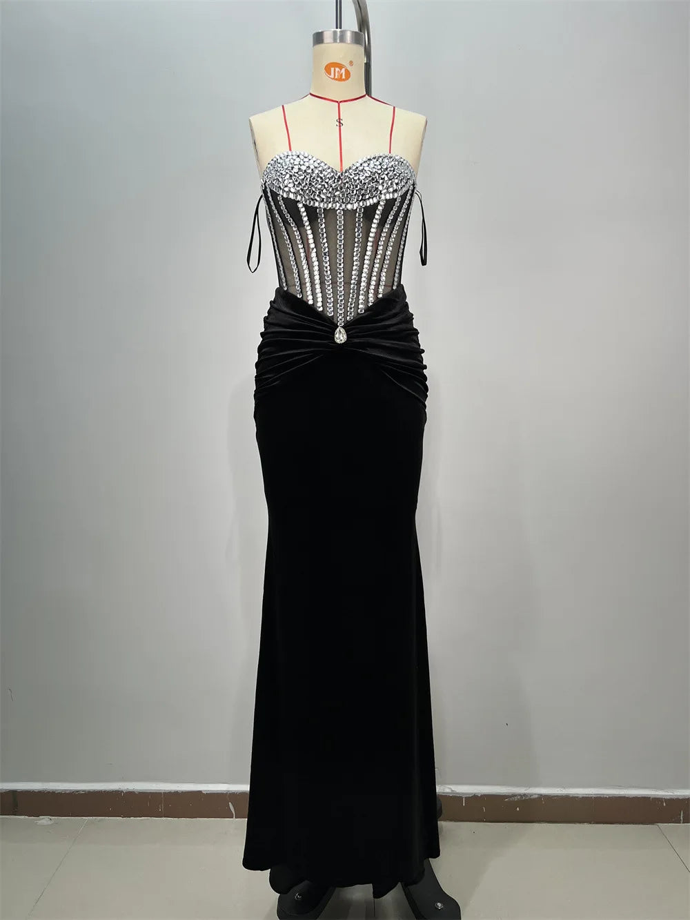 New Luxury Diamonds Sexy Mesh See Through Black Velvet Strapless Floor Length Dress Celebrity Party Dress Birthday Vestido