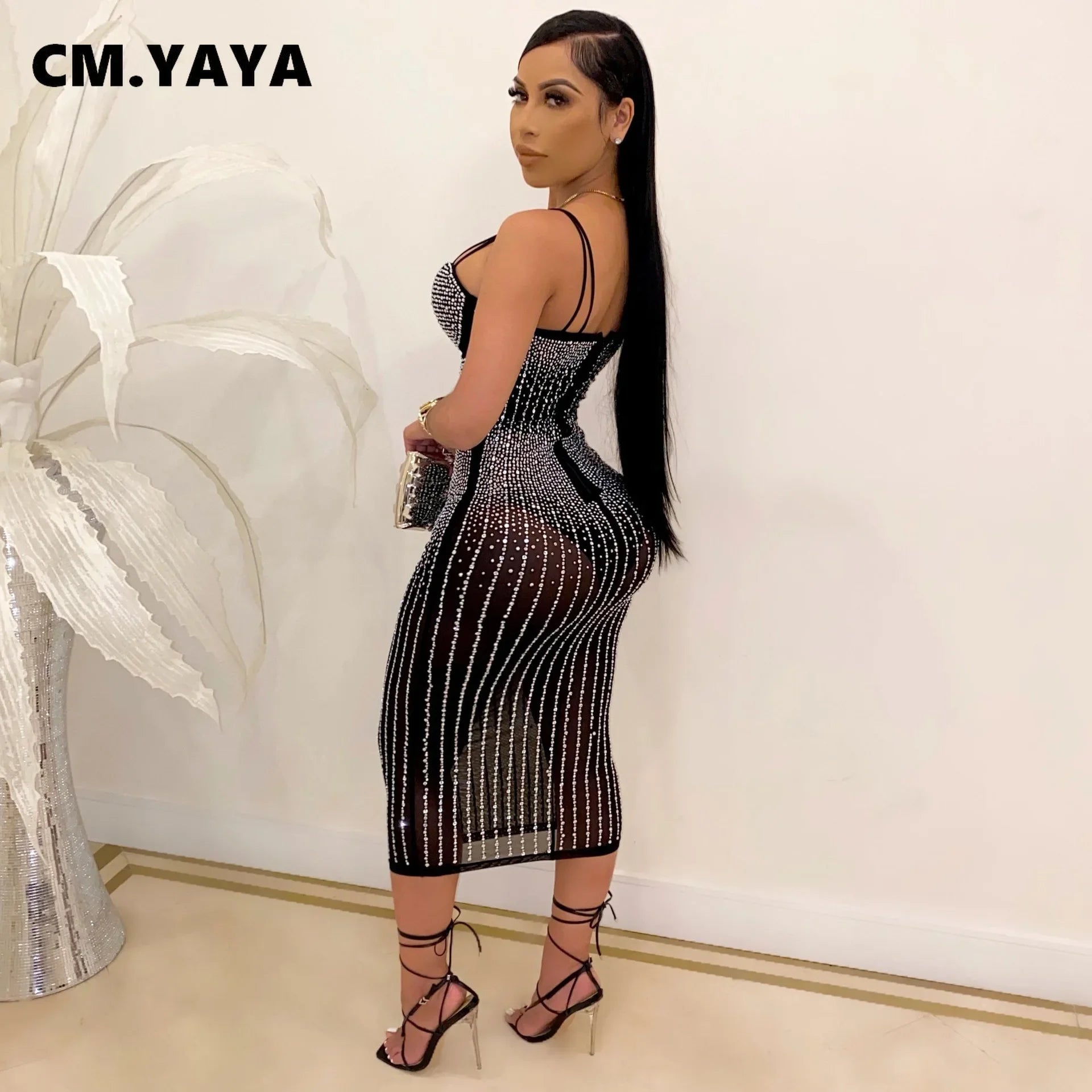 CM.YAYA Mesh See Though Hot Rhinestones Plunging V-neck Midi Bodycon Dress Women Sexy Club Party Dresses Pencil Vestidos