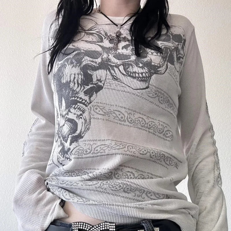 Women Y2k Cottage Long Sleeve Pullovers Shirts Vintage Gothic Skull Print Tees Top Aesthetic Grunge Fairy T Shirt Emo Clothes