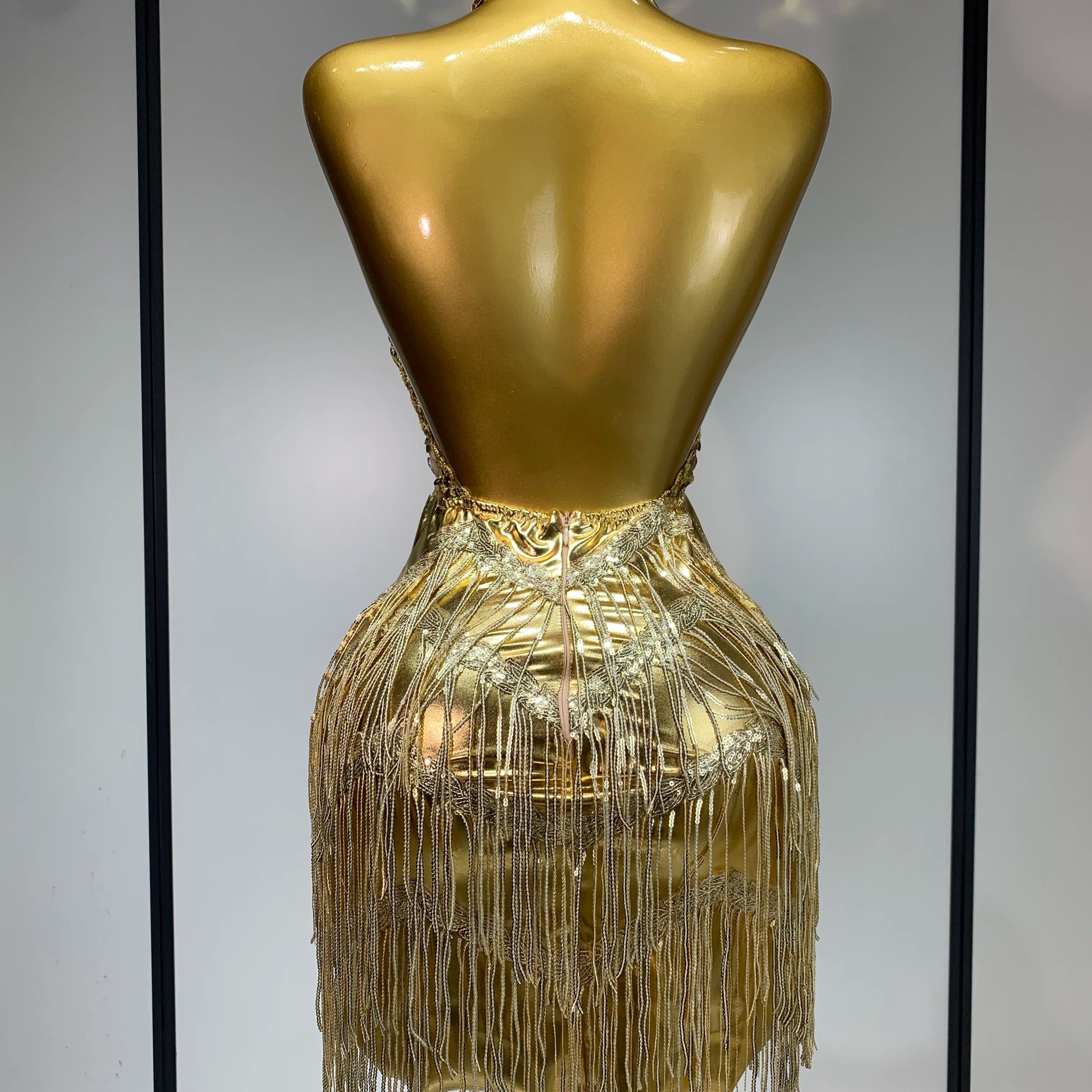 Women Birthday Party Rhinestones Tassels Transparent Short Dress Dance Show 2025 Sexy Fashion Gold Sparkly Stage Costume