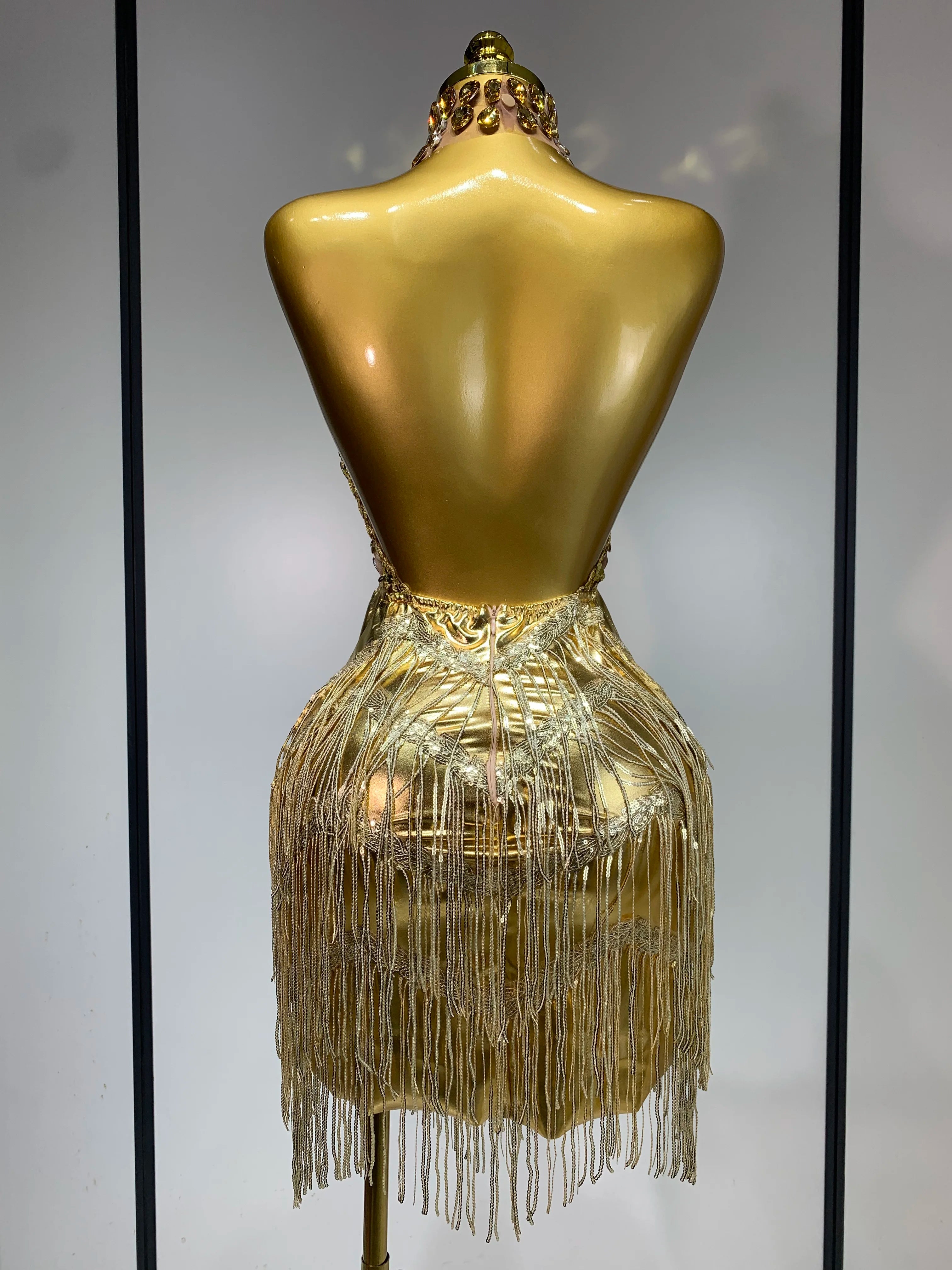 Women Birthday Party Rhinestones Tassels Transparent Short Dress Dance Show 2025 Sexy Fashion Gold Sparkly Stage Costume