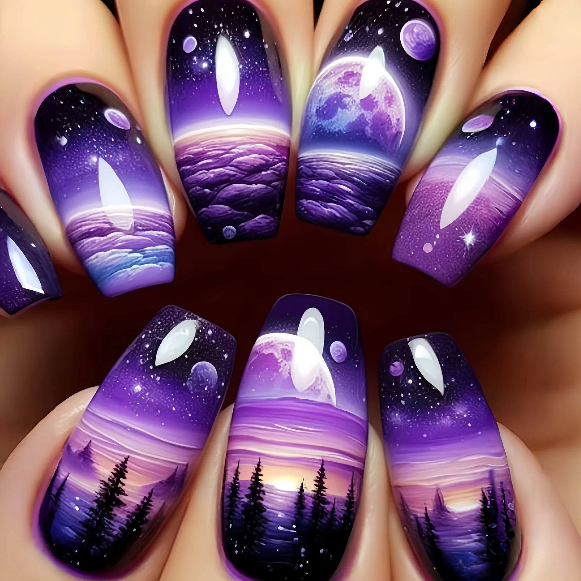 24pcs/set medium long fake nails fashion butterfly feather forest sea wave design gradient blue purple green press on false nail