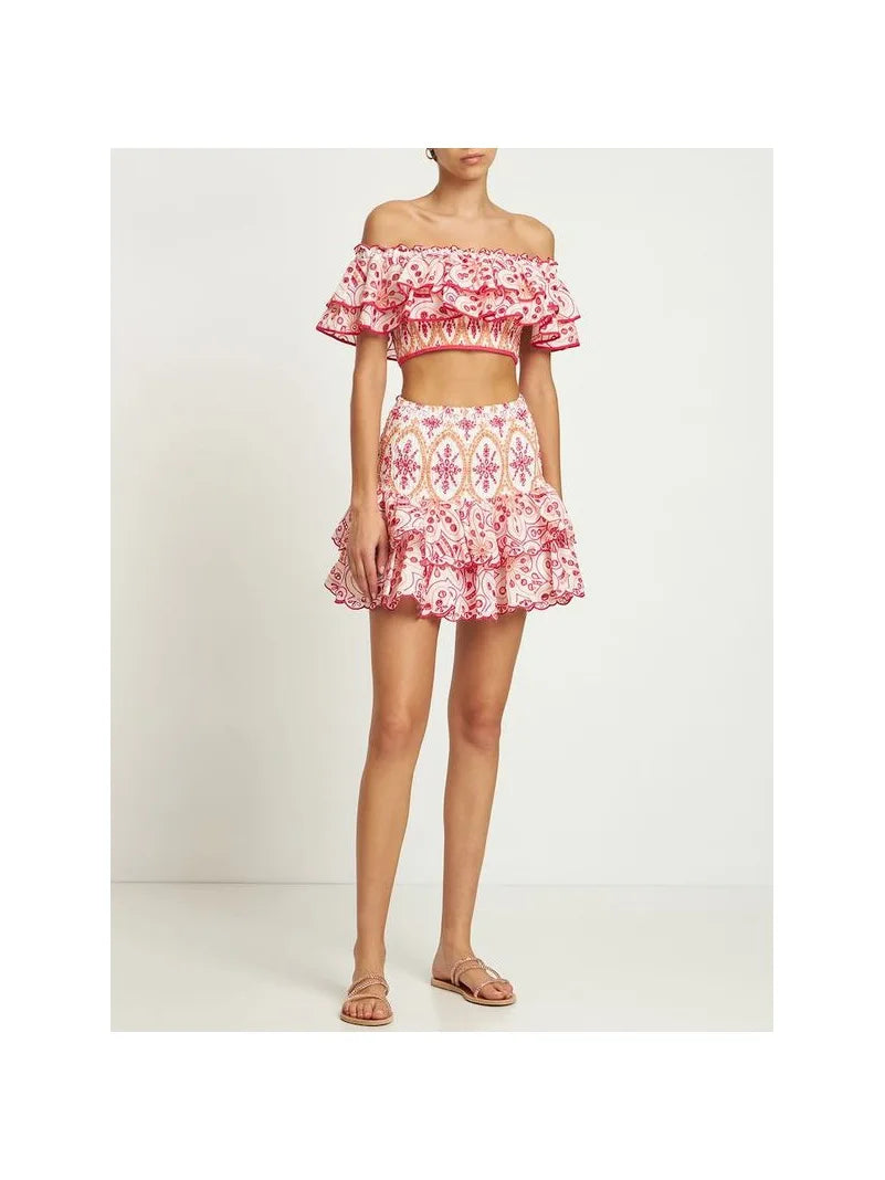 New embroidered hollowed lotus leaf elastic jacket + elastic lotus leaf cotton embroidered cake skirt 2-piece set of moisture Red