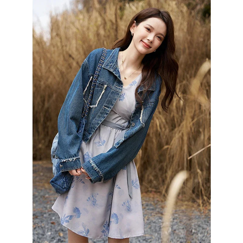 Women's Denim Coat with Raw Edge Autumn Korean Loose Pocket Embroidery Polo Neck Streetwear Casual Jacket Denim blue