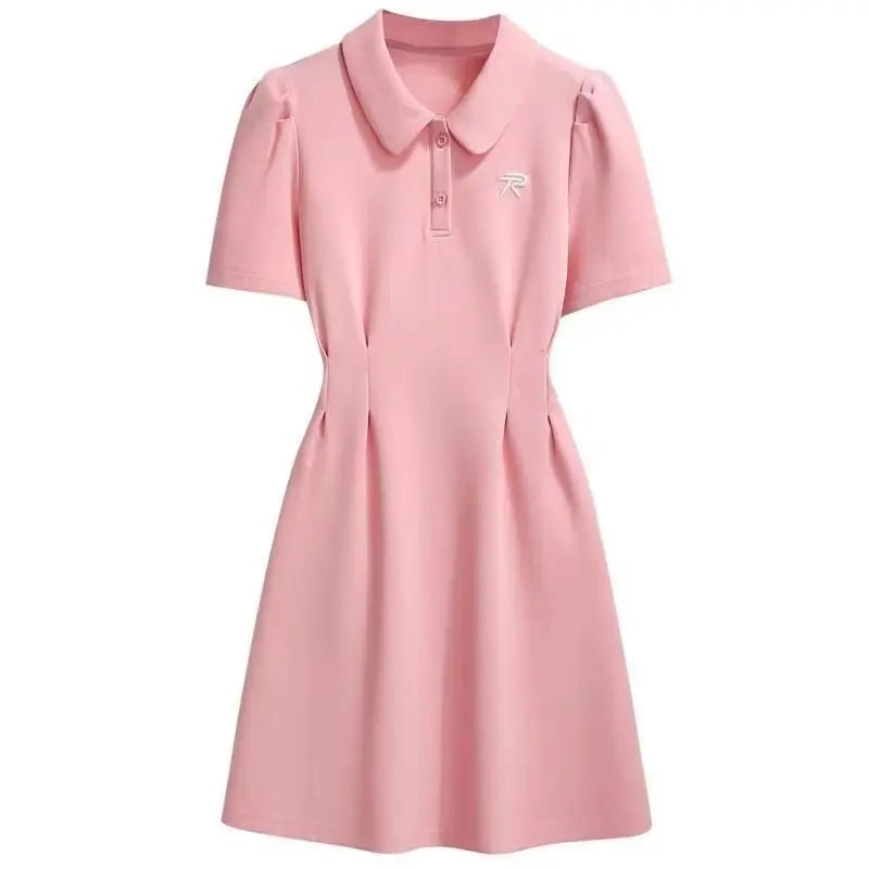 Women Preppy Style Clothing French Sporty Pink Polo T-shirt Dresses Summer New Lady Casual Embroidery Letter Solid Dress
