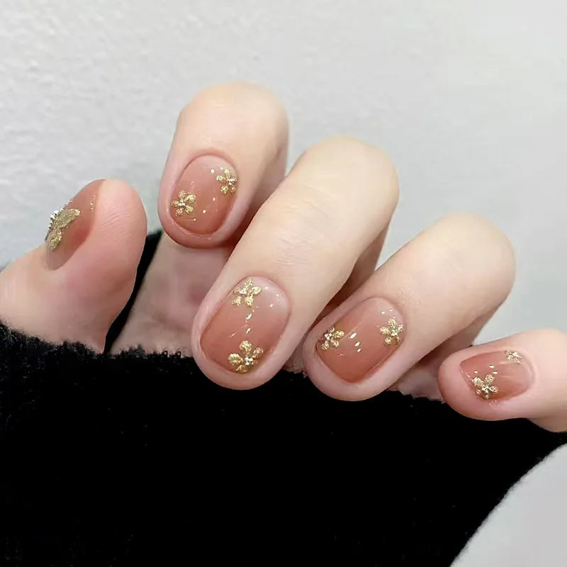 24pcs/set short medium fake nails beautiful flowers design fall winter square ballet acrylic tips press on false nail art supply