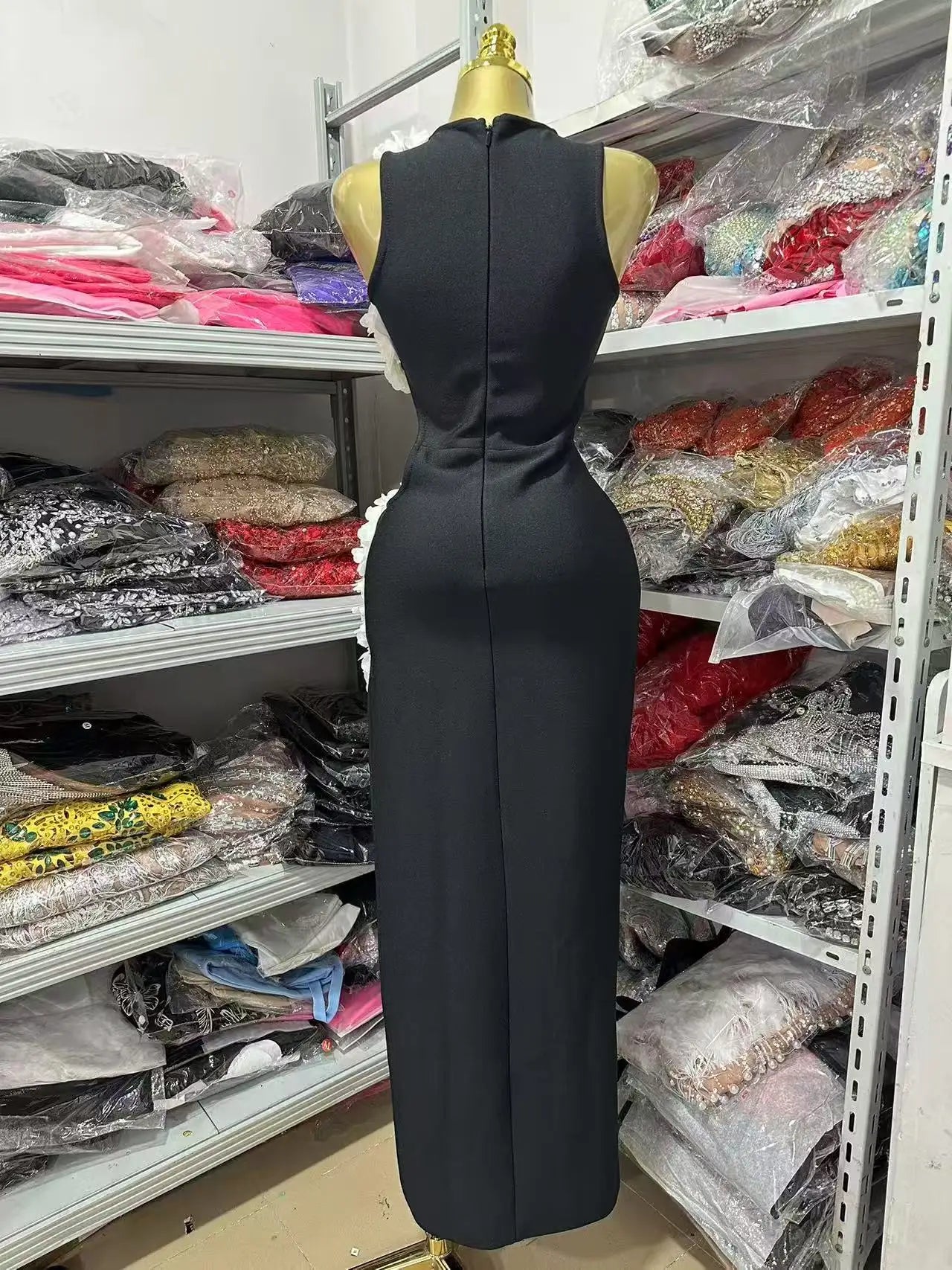 Women Sleeveless Sexy Side Hollow Out Florals Bodycon Long Bandage Dress Celebrate Fashion Evening Party Cocktail Wear