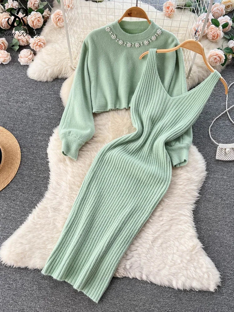 Korean Fashion Knitted Dress Sets Women Elegant Long Sleeve Pearl Sweater+Knitted Camis Dress Sets Sweater Casual Pullovers Suit light green One Size