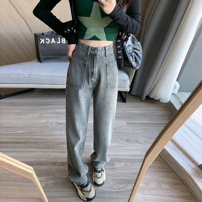 Female Denim Jeans High Waist Fashion New Loose Straight Wide Leg Long Design Brand Pants Dropship New Arrivals Army Green Lengthen
