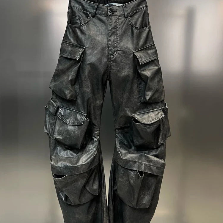 DEAT Multi Pocket Design Vintage PU Leather Pants For Women High Waist Single Button Cargo Trousers Autumn Female 11XX5286