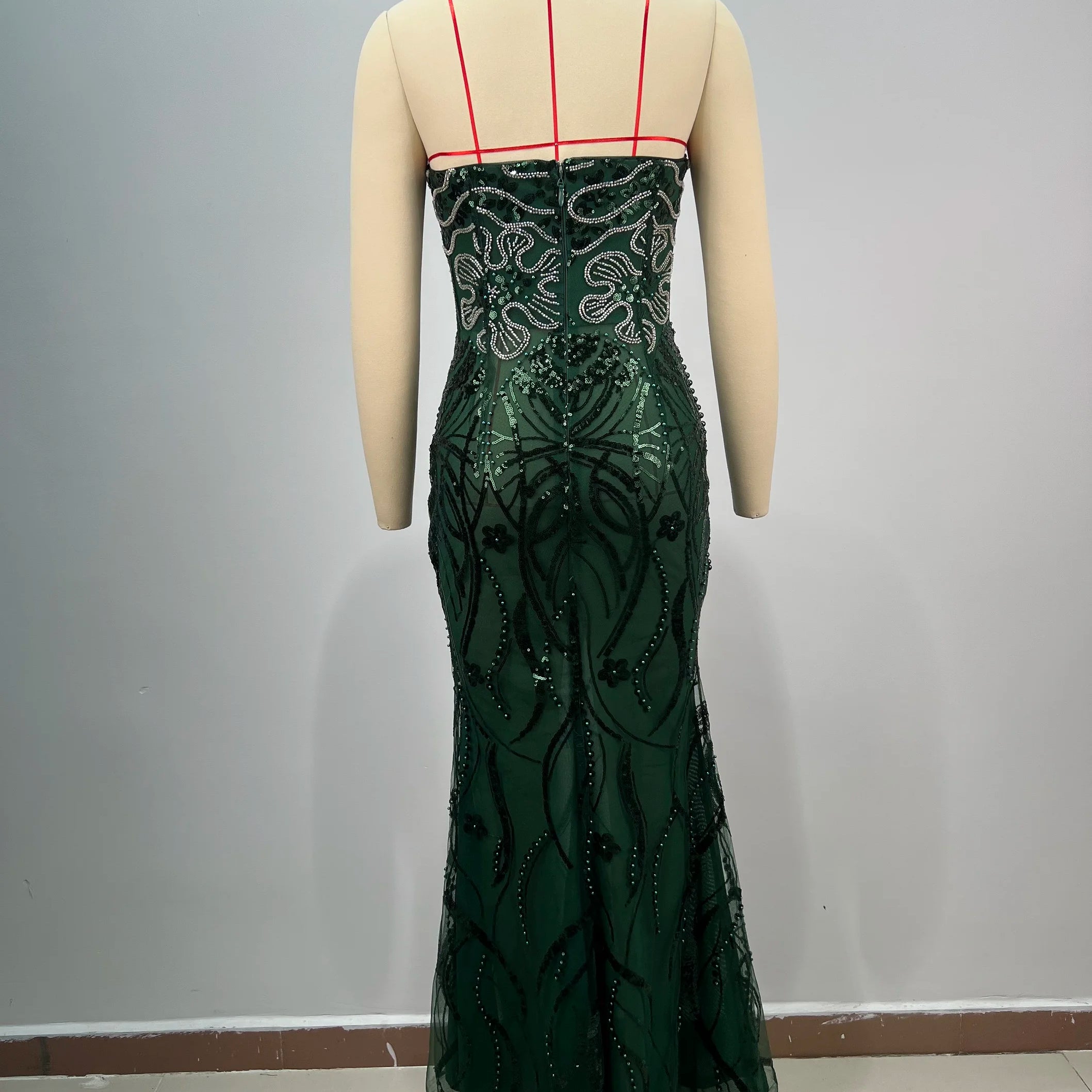 Dark Green Shining Sequin Neck Chain Strapless Ankle Length Dress Woman Cocktail Party Dress Celebrity Birthday Party Vestido