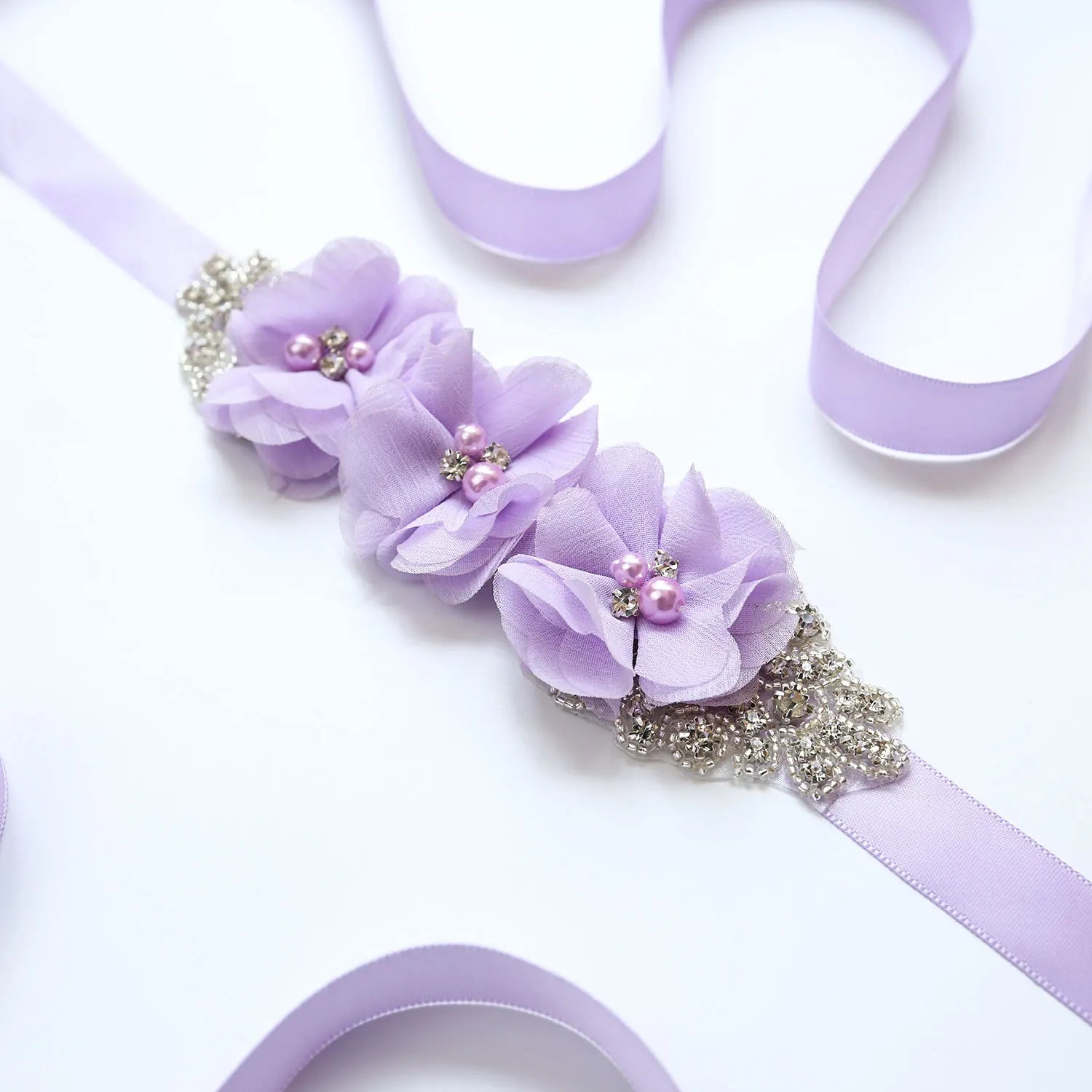 Wedding Accessories Bridal Belts Satin Flower Sash Woman Girl Belts Flower Bead Belts Floral Belt Wedding Rhinestone Flower Belt 2-Lavender