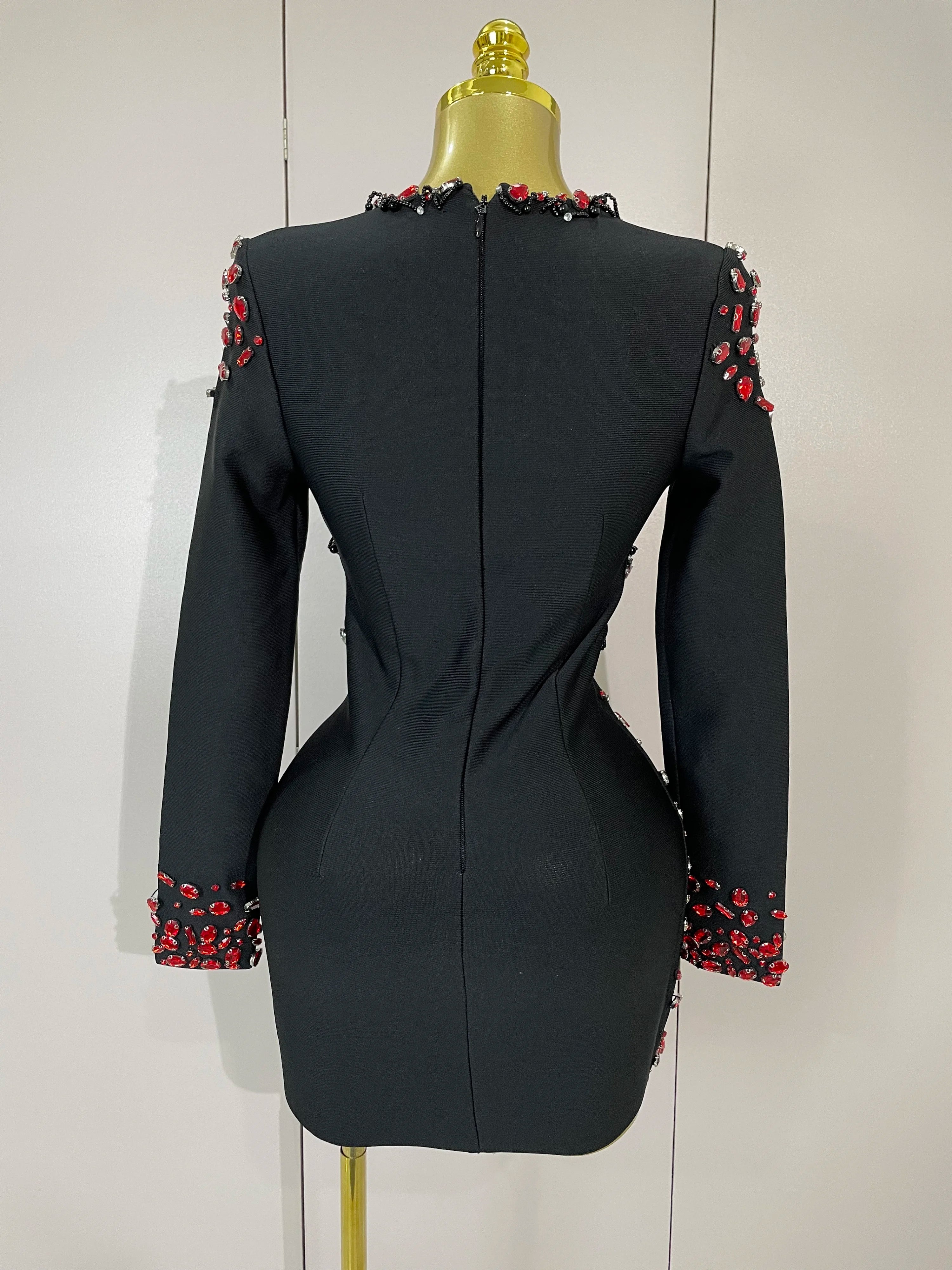 Women Celebrity Sexy Long Sleeve V Neck Rhinestone Black Bandage Dress 2025 Elegant Evening Club Luxury Birthday Party Dresses