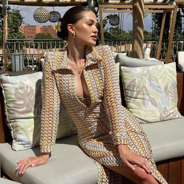 WeiYao Handmade Crochet Multi-color Hollow Out Split Maxi Dress for Women Deep V Long Sleeve Elegant Bohemian Sexy Bodycon Dress