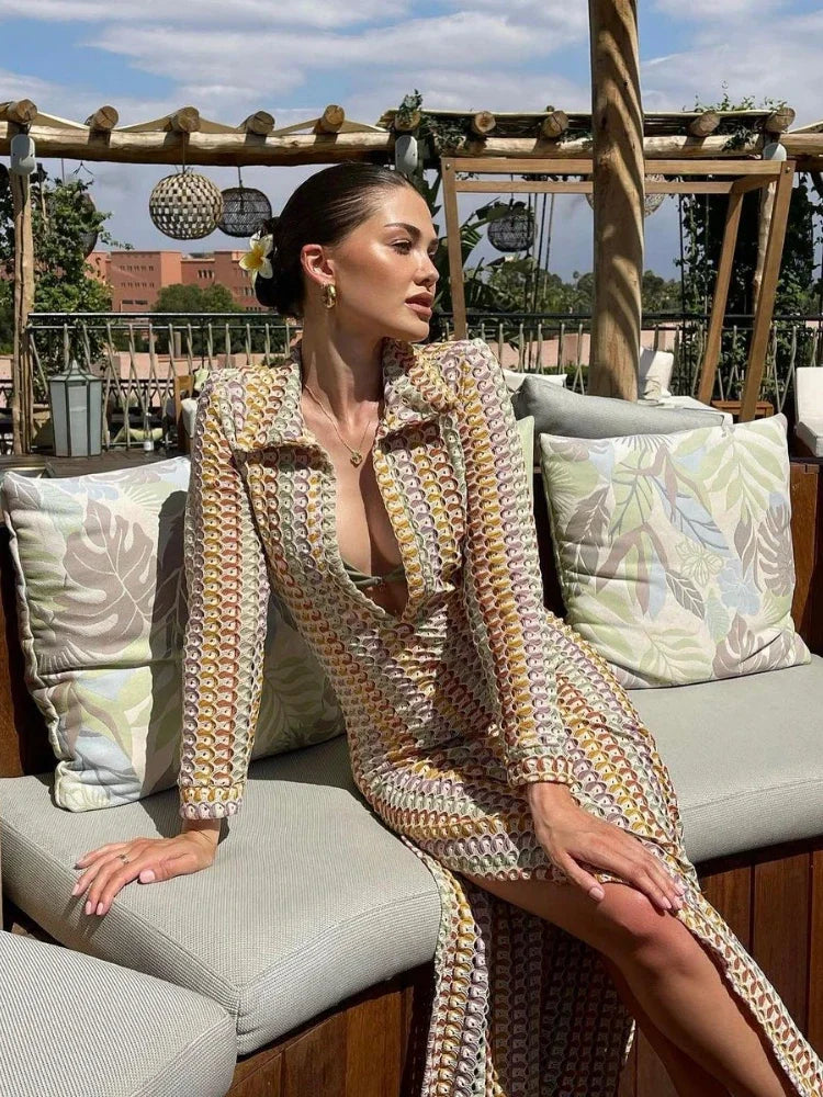 WeiYao Handmade Crochet Multi-color Hollow Out Split Maxi Dress for Women Deep V Long Sleeve Elegant Bohemian Sexy Bodycon Dress