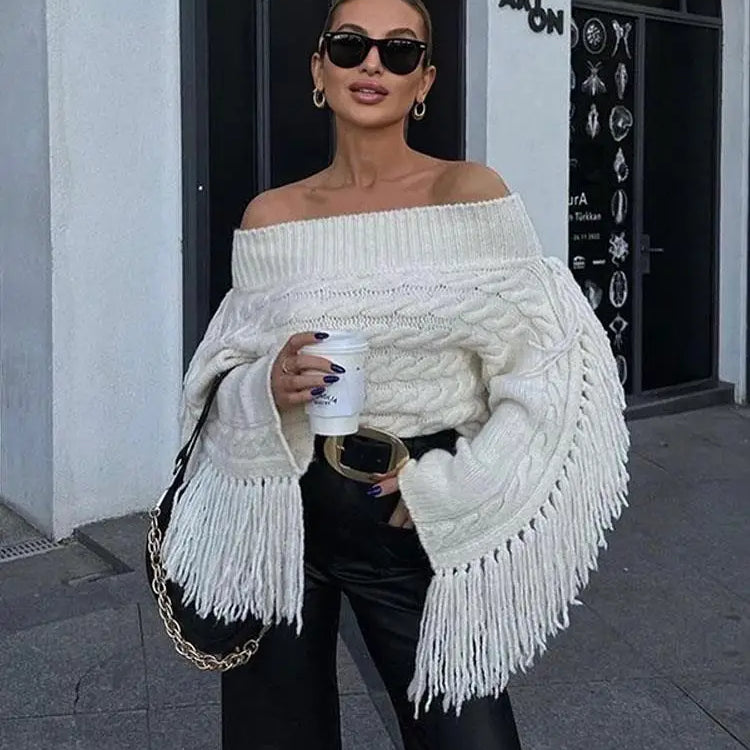 Thicken White Tassel Off Shoulder Sweater Women Elegant Slash Neck Long Sleeve Short Wool Pullover Winter Lady Knit Jumpers