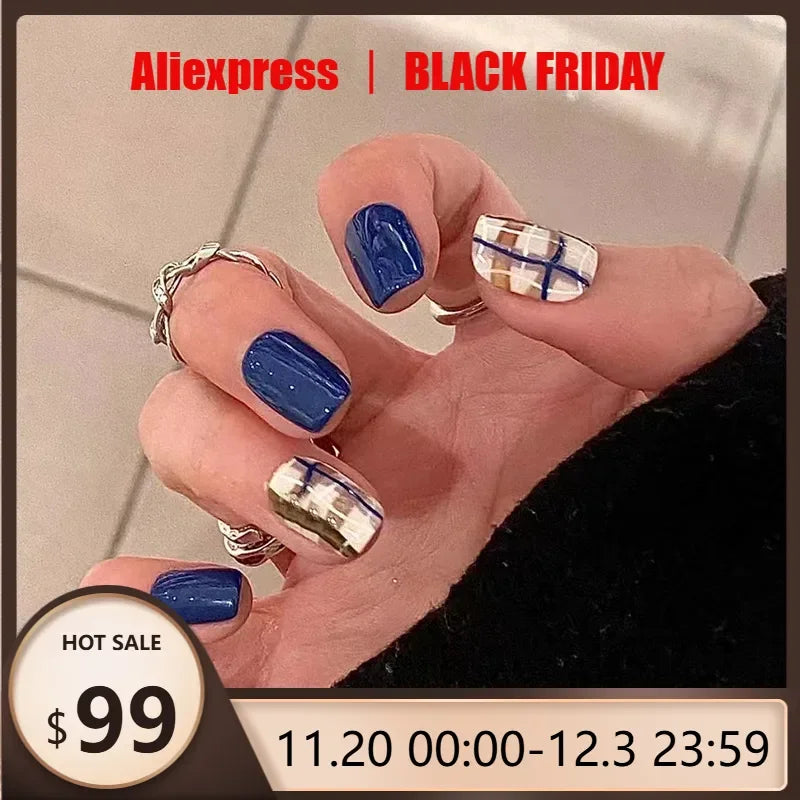 24Pcs Blue Plaid Pattern Press on Nails New Premium Short Style Versatile Design Nails Perfect Gift for Women and Friends