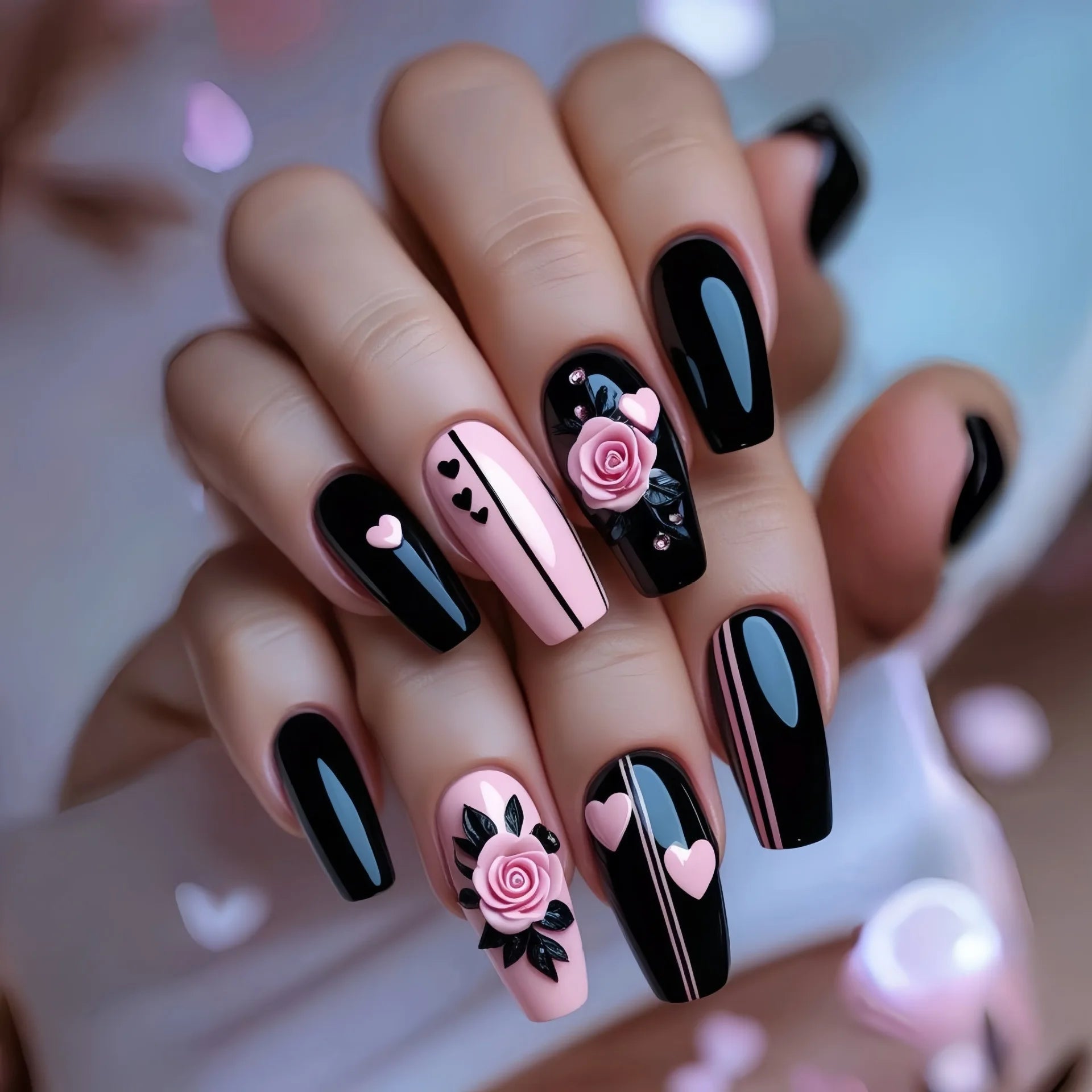 24pcs Finished Nails Set Press on Pastoral Short Ballet Fake Nails Strawberry Design False Nail Art Flower Decor Square Manicure