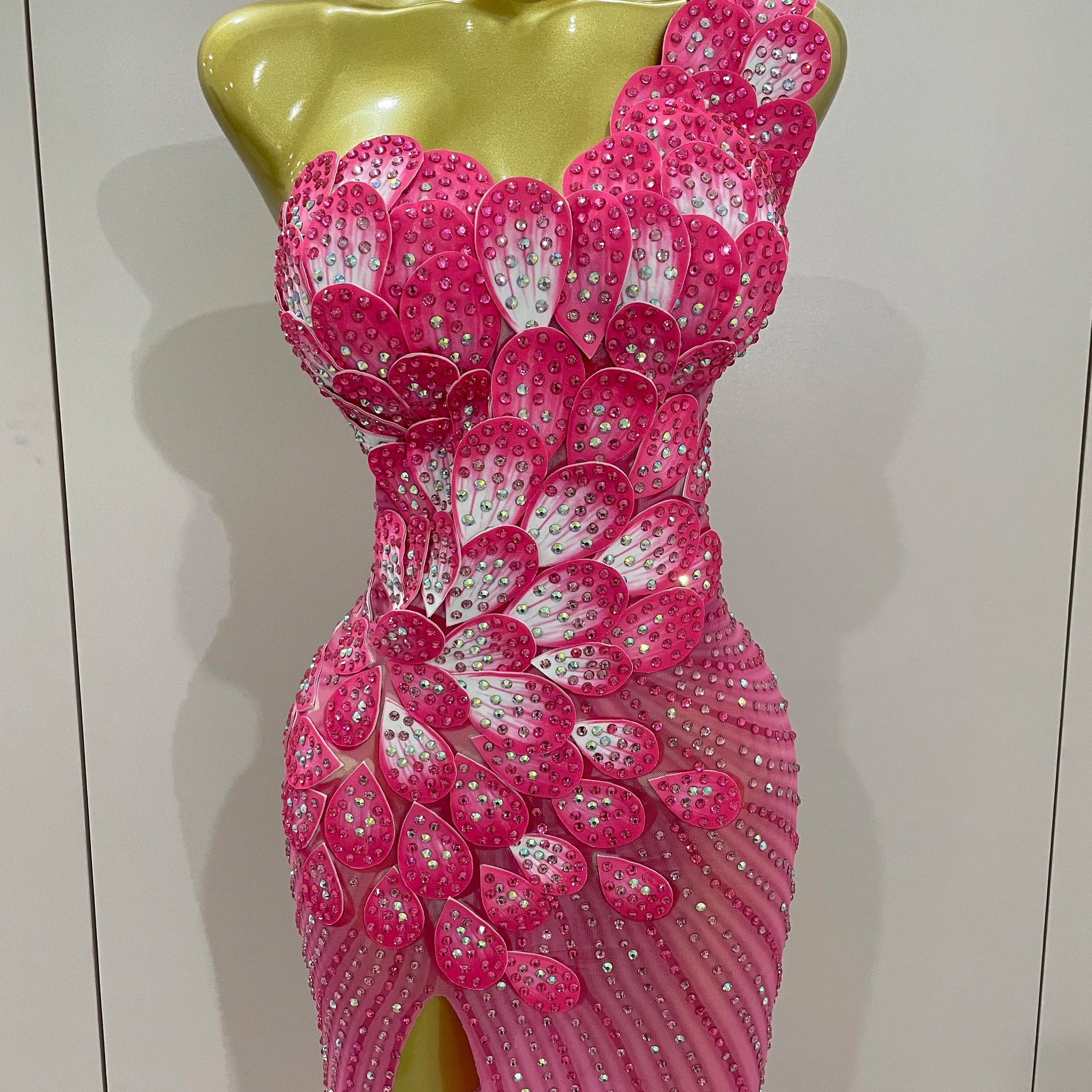 Luxury Shinning Rhinestones Flowers Sexy One Shoulder Bodycon Maxi Long Dress 2025 Women Evening Birthday Party Stage Costume