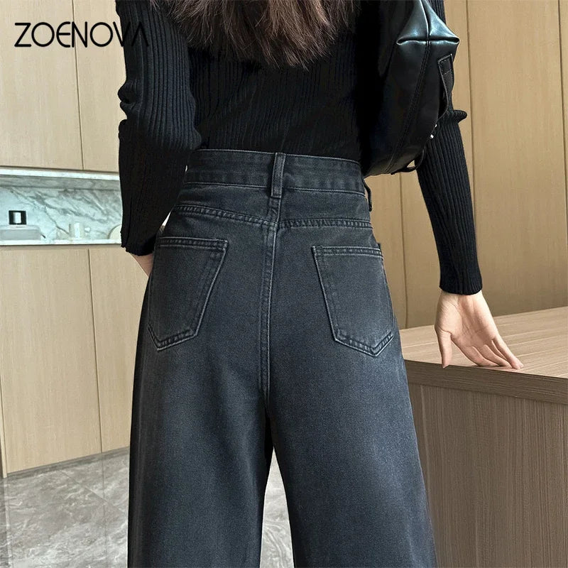 Spring Autumn New Fashion Women's Jeans Street Casual Wide Leg Pants Loose Straight Raw Edge Trousers Y2K Flared Pant