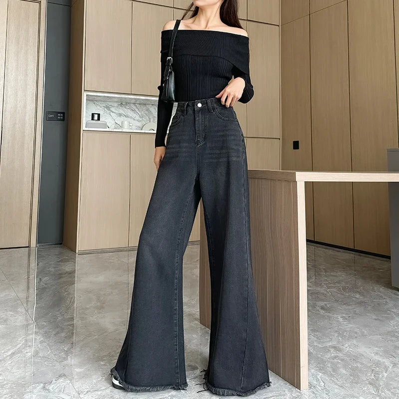 Spring Autumn New Fashion Women's Jeans Street Casual Wide Leg Pants Loose Straight Raw Edge Trousers Y2K Flared Pant Gray Black