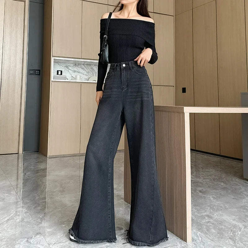 Spring Autumn New Fashion Women's Jeans Street Casual Wide Leg Pants Loose Straight Raw Edge Trousers Y2K Flared Pant Gray Black
