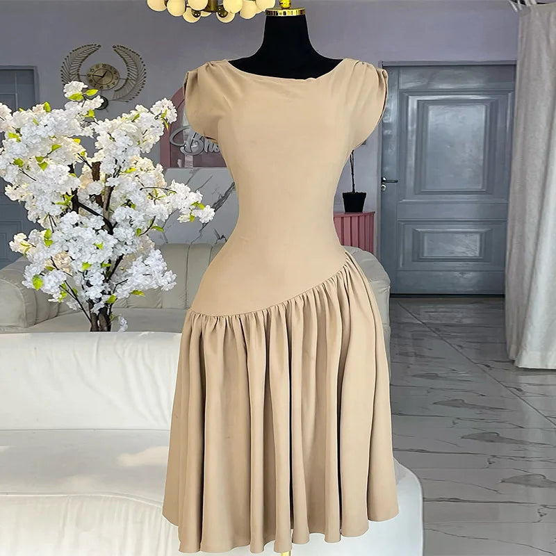 CM.YAYA Women Ruched Shoulder Big Swing Ball Gown Pleated Vintage Dress 2025 Sexy Club Party Evening High Street Dresses Khaki